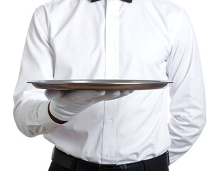 A person in a formal white shirt and gloves holds an empty silver tray forward, likely for serving food or drink
