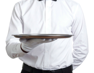 A person in a formal white shirt and gloves holds an empty silver tray forward, likely for serving food or drink