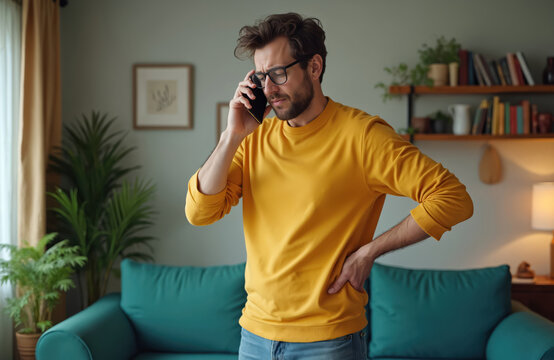Worried man speaks on phone in room. Businessman in glasses holds cell indoors. Upset male stands near sofa, solve problem on call at home. He holds his hip, feeling unwell.