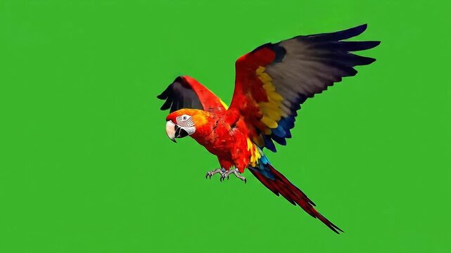 Scarlet Macaw Parrot In Mid Flight Against A Vivid Green Screen Chroma Key Background