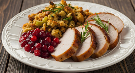 Roasted turkey breast, stuffing and cranberry sauce dinner plate