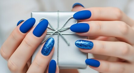 Luxury Blue Matte Glitter Nails and Silver Gift