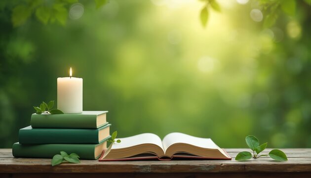 Green books stack with lit candle on wood table. Open book waits for reading. Rich green background, warm natural light create peaceful study setting. Relaxing quiet reading time outdoors,