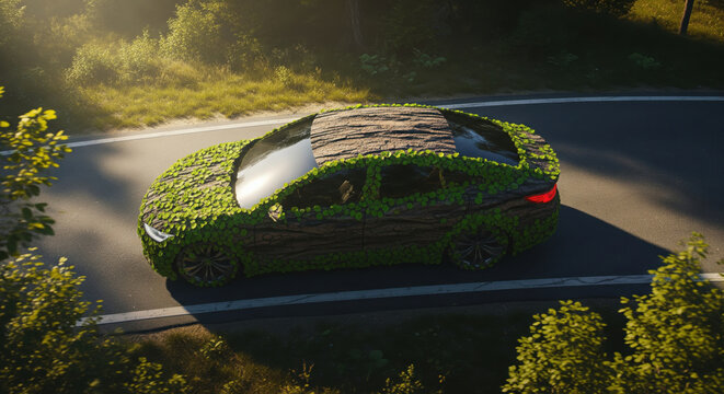 Eco friendly car covered with green leaves and wood texture driving on curved road, sunlight filtering through trees, symbolizing sustainability and environmental awareness