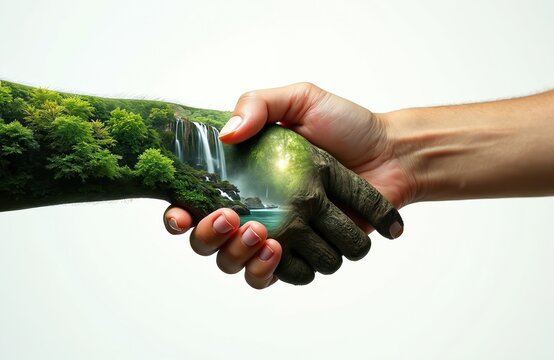 Human hand grasps nature symbol. Diverse human joins with forest waterfall landscape. Ecological harmony connection. Represents earth day planet care. Commitment to green future. Trust support growth