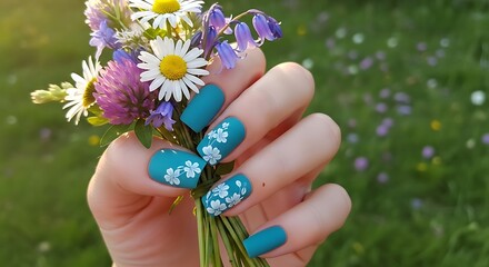 Turquoise Floral Manicure Holding Wildflower Bouquet