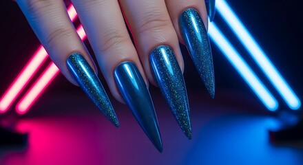 Extreme blue stiletto nails neon background