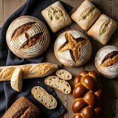 Assorted freshly baked bread and rolls arranged on a wooden surface with slices and crumbs for a rustic bakery display