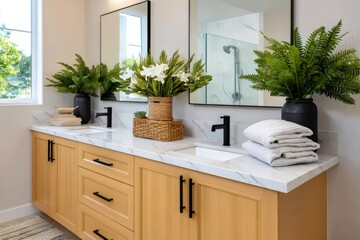 Modern bathroom featuring double vanity with plants and wood cabinetry