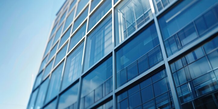 A modern office building with glass windows and metal frames, set against a clear blue sky.