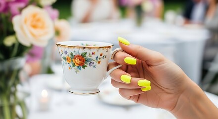 Neon nails holding vintage floral porcelain teacup