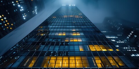 A tall, modern skyscraper with reflective glass windows, illuminated from within, stands against a dark, foggy sky.