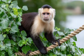 Fototapeta premium Capuchin monkey looking at camera on rope in nature