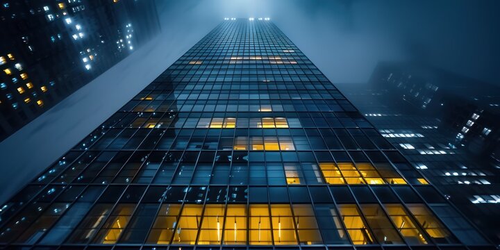 A tall, modern skyscraper with reflective glass windows, illuminated from within, stands against a dark, foggy sky. - Powered by Adobe