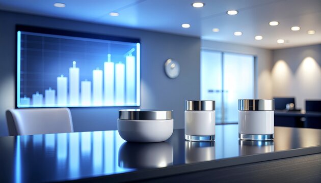 Cosmetic products on a table in a modern office with a graph display.