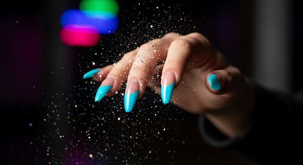 Sparkling Blue French Manicure Against Dark Background