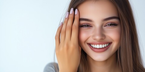 Fototapeta premium Close-up of a smiling young woman with makeup and a neat manicure with a hand on her face. She covers half of her face, she has a pure, playful and charming mood. copy space