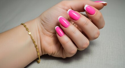 Bright Pink French Manicure on Female Hand