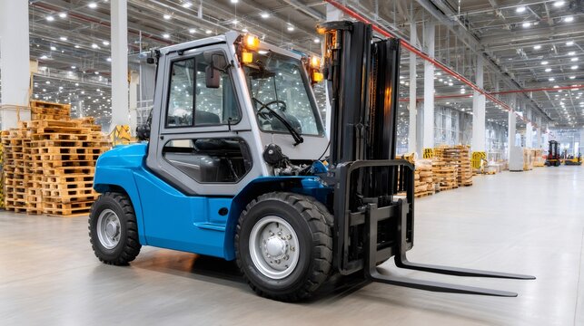 Blue forklift operating in spacious warehouse factory