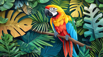 Fototapeta premium Vibrant Macaw Parrot Amidst Lush Tropical Foliage A Colorful Rainforest Scene