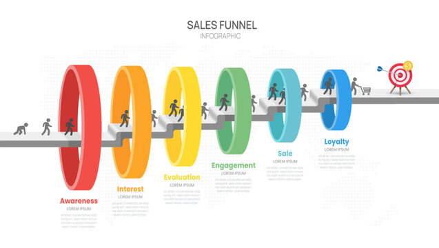 Sales funnel infographic template with 6 steps for marketing and startup business vector.