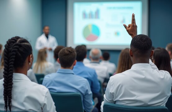 Students attend medical conference. African American doctor raising hand in lecture audience. People in classrom listen presentation. Healthcare professionals learn during educational seminar on