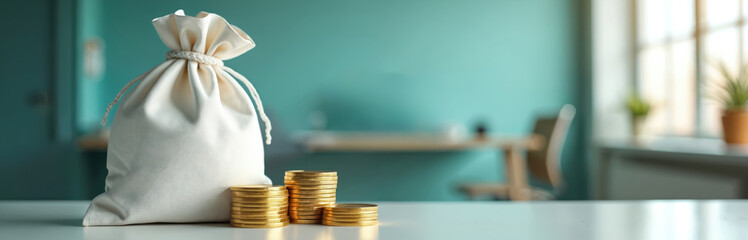 Money bag with gold coins stacks lies on white table. Concept wealth, success investment banking. Office environment shows monetary profit growth, richness accumulation. Business capital serves