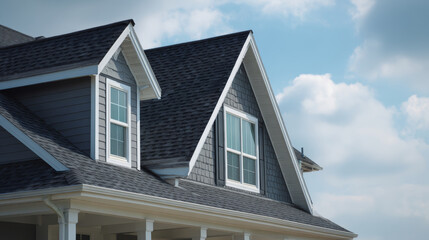 Fototapeta premium Suburban house gray siding gable roof asphalt shingle double window white trim porch column blue sky daylight real estate market Suburban house