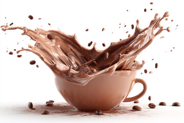 A delightful chocolatey drink splashes energetically from a brown cup with roasted coffee beans scattered and airborne against a bright white backdrop