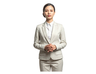 A person in a white suit and shirt stands against a black background. Her hands are clasped. She is looking forward