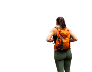 A person with dark hair, wearing a backpack, stands with their back to the viewer, ready for an adventure