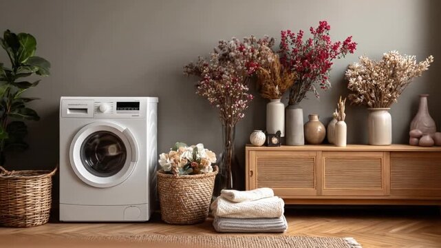 Modern laundry room with plants, woven baskets, and stacked linens