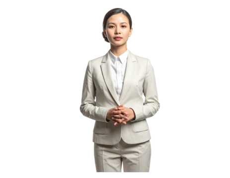A person in a white suit and shirt stands against a black background. Her hands are clasped. She is looking forward - Powered by Adobe