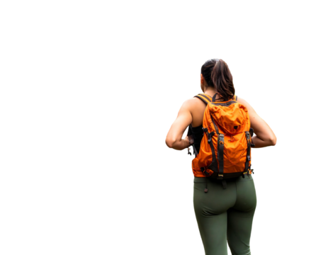 A person with dark hair, wearing a backpack, stands with their back to the viewer, ready for an adventure