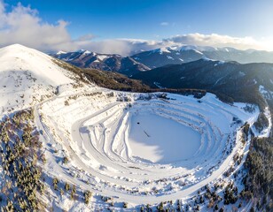 Aerial view of a snowy quarry nestled among mountains under blue sky
