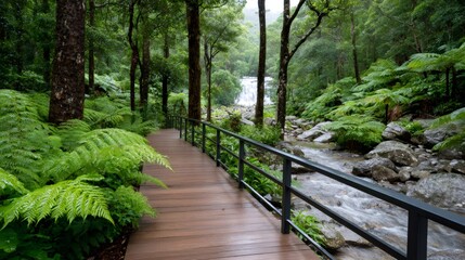 Obraz premium Boardwalk leading through lush rainforest to waterfall