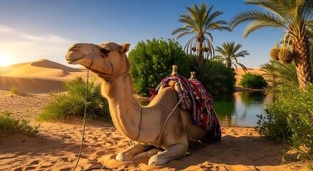 Dromedary camel resting on sand dunes by a beautiful desert oasis at sunset.