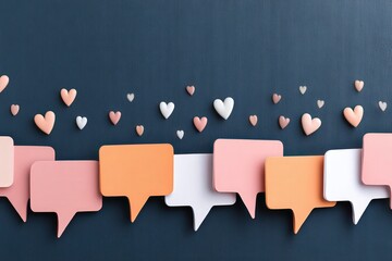 Colorful speech bubbles against a textured navy backdrop adorned with playful hearts conveying messages of love and connection with an emphasis on emotional communication and creativity