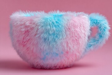 Whimsical fluffy teapot covered in pink and blue fur on pastel background
