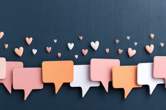 Colorful speech bubbles against a textured navy backdrop adorned with playful hearts conveying messages of love and connection with an emphasis on emotional communication and creativity