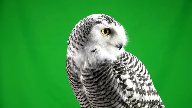 Snowy Owl Isolated on Green Screen Background with Detailed Feather Patterns and Yellow Eyes in Studio Shot