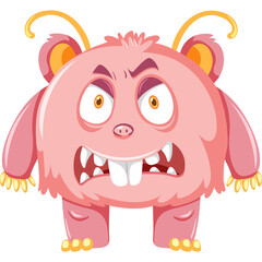 Angry Pink Fluffy Monster With Big Teeth and Googly Eyes Transparent Background Vector Illustration