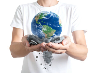 A person in white shirt cradles a miniature Earth above a pile of gray debris, symbolizing environmental concerns