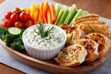 Vegetable crudites platter with dip, bread and snacks