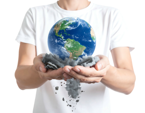 A person in white shirt cradles a miniature Earth above a pile of gray debris, symbolizing environmental concerns