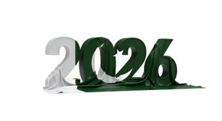 Pakistan 2026 independence day celebration with flag draped over the numbers on transparent background