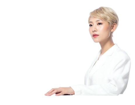 A person with short blonde hair and fair skin gazes thoughtfully. They wear a white blazer against a black backdrop