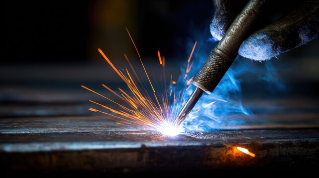 A person welding a metal piece with sparks and smoke.