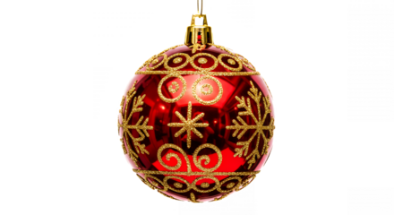 Red christmas ornament with gold glitter design hanging against on transparent background