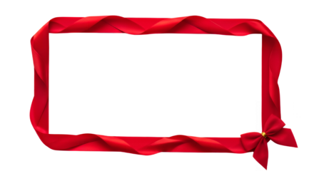 Elegant red ribbon frame with a bow for festive greetings and celebrations on transparent background